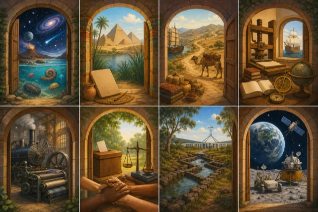Eight illustrated history doorways: deep time, ancient worlds, connected trade, printing and exploration, industry, rights and change, Australia, and space exploration